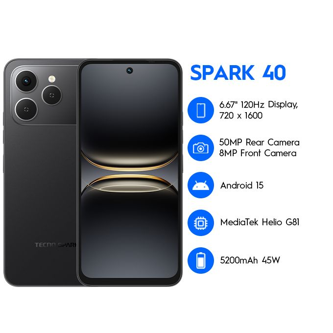 Tecno Spark 40 6.67" 4GB RAM/128GB ROM Android 15 - Black