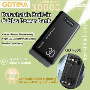 GDTINA 30000mAh Power-Banks Fast Charging -LED Display Detachable Built-in Cables -LED Light Flashlight