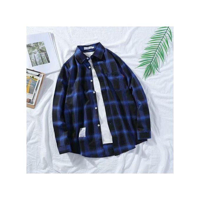 Men's Long Sleeve Plaid Shirt- Blue