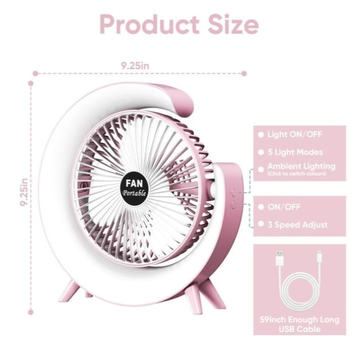addigoes USB Rechargeable Desktop Fan, Portable, Quiet Table Fan with Colorful LED Lights, for Home, Office, Bedroom, Dorm