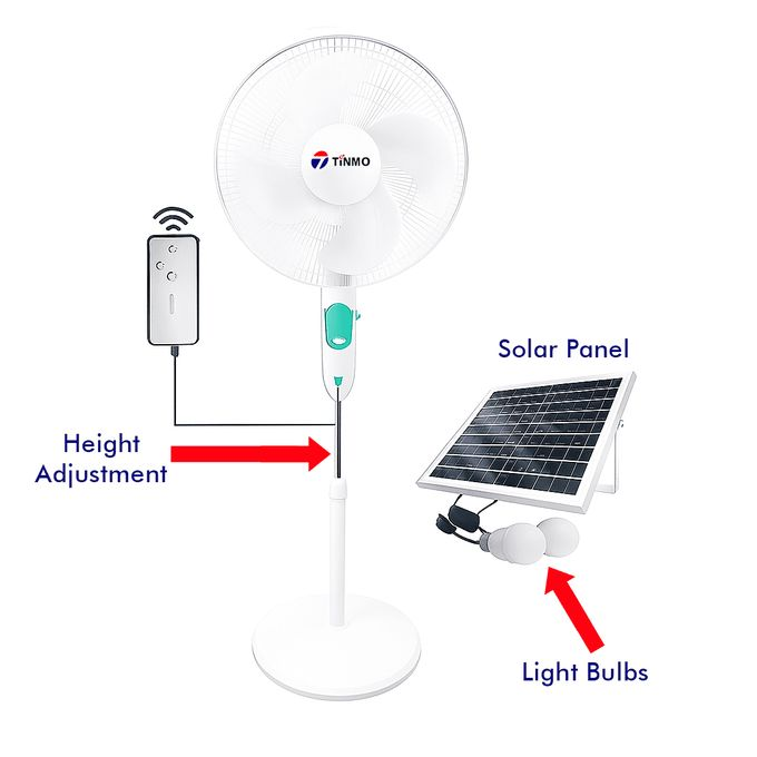 TINMO 18 Inches Rechargeable Standing Fan + 12 Months Warranty + Solar Panel & 2 Bulbs white